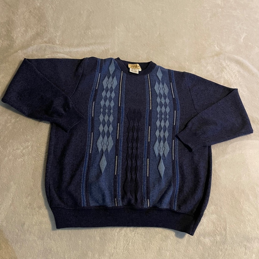 Vintage Montechiaro Mens Wool Blend Argyle Knit Sweater Blue Made in Italy Large